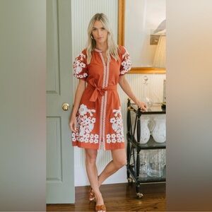 Rust Floral Embroidered Midi Dress with Tie Waist